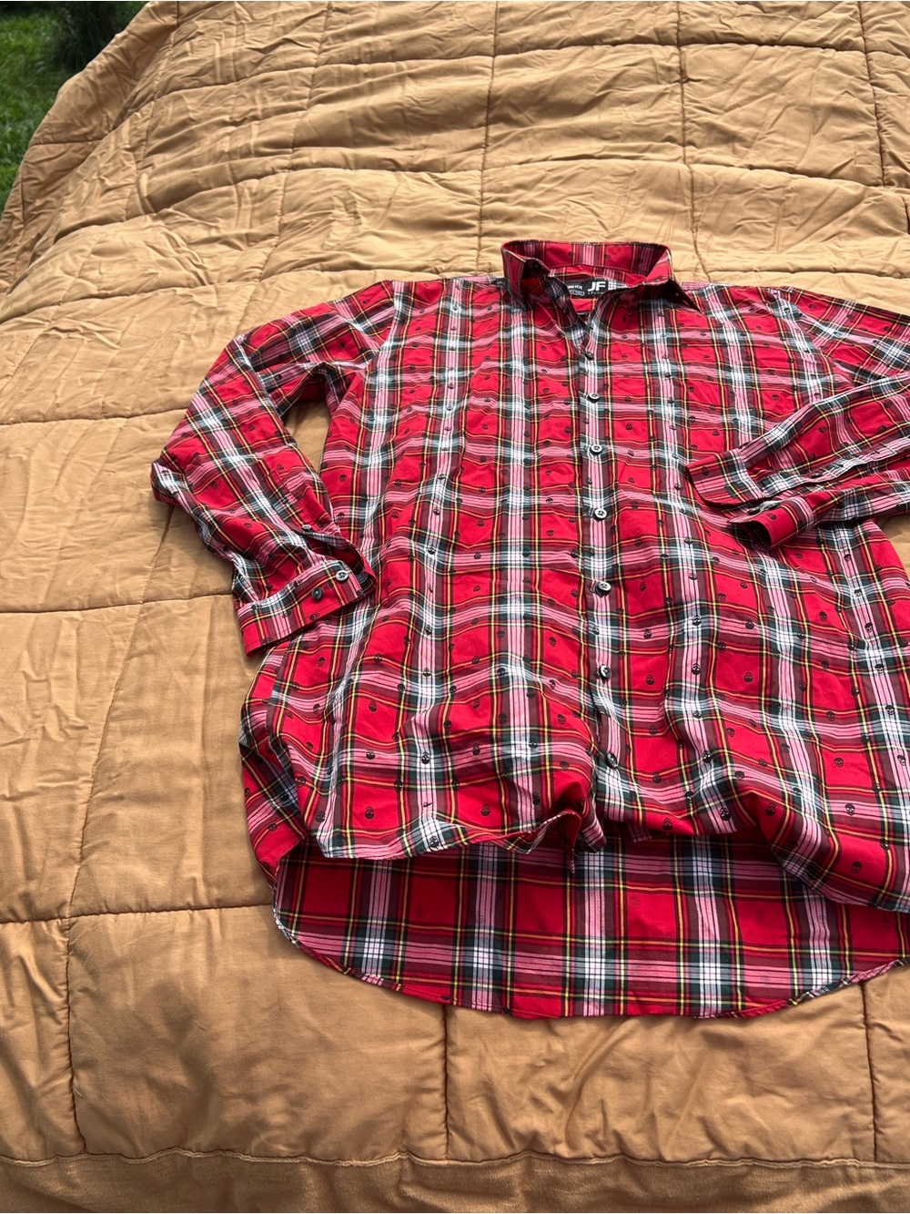 jf j.ferrar Red Plaid Button-Down Shirt Skulls Size 17